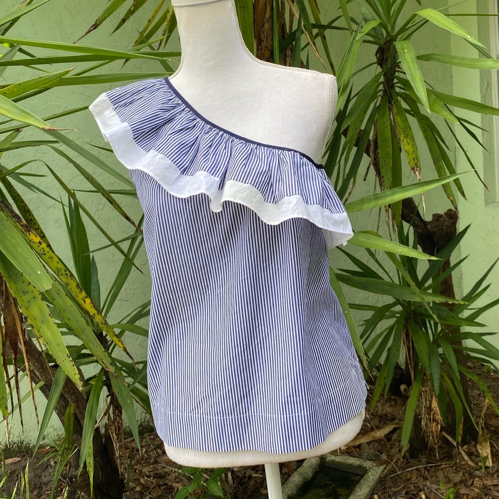 J Crew One Shoulder Ruffle Navy Striped Top